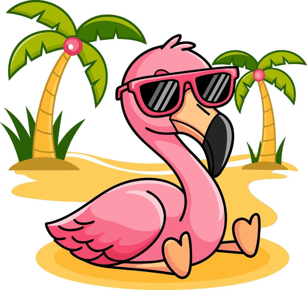 Cool Pink Flamingo with Sunglasses Relaxing on Tropical Beach Illustration vector