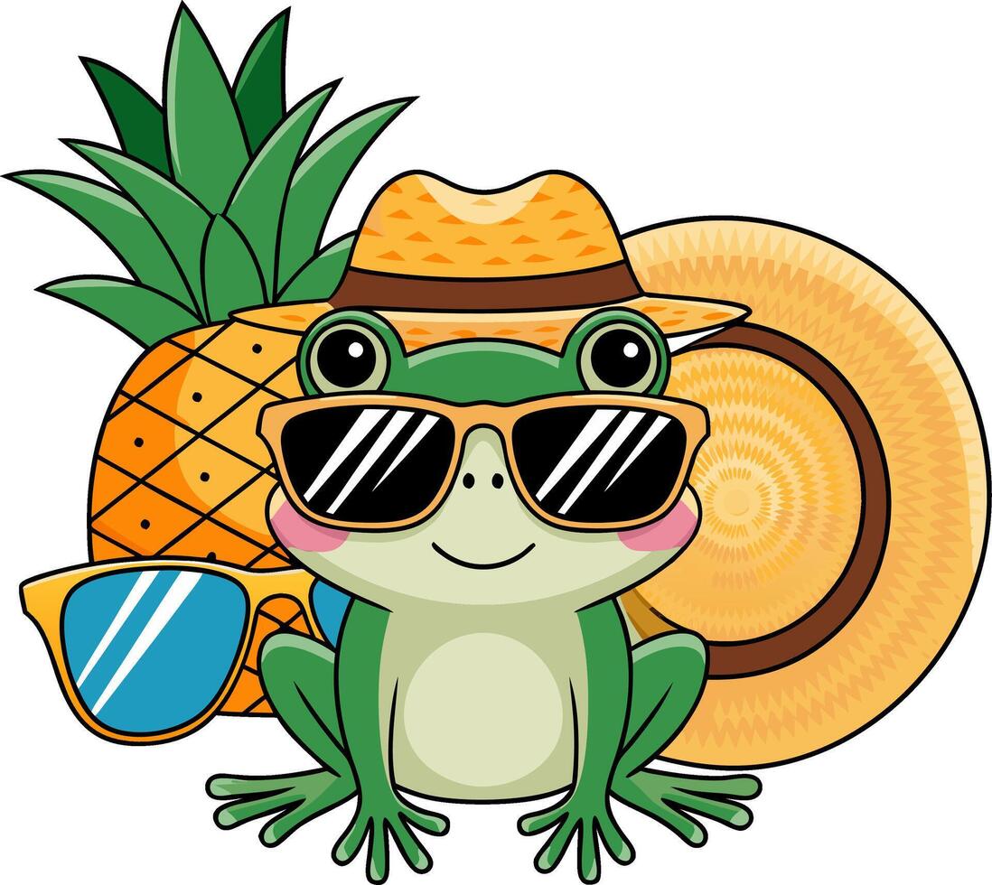 Cool Frog in Sunglasses with Straw Hat and Pineapple Tropical Summer Vibes vector