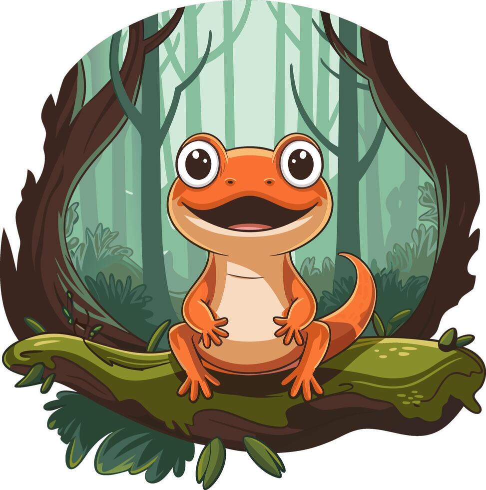Cute Cartoon Orange Salamander on Jungle Tree Branch Illustration vector