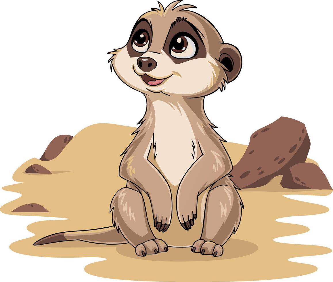 Cute Cartoon Meerkat Sitting on Desert Sand with Rocks Illustration vector