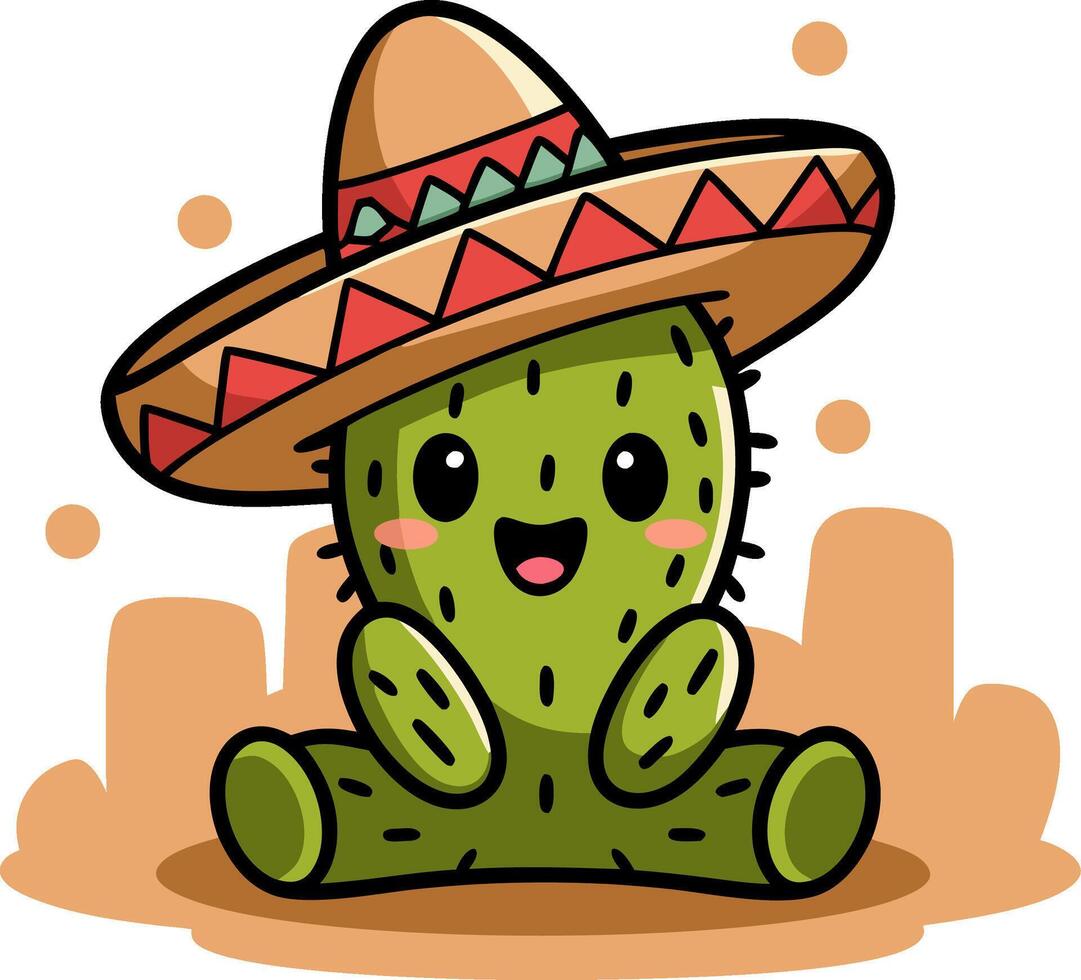 Cute Cartoon Cactus Character with Sombrero Hat Mexican Fiesta Art vector