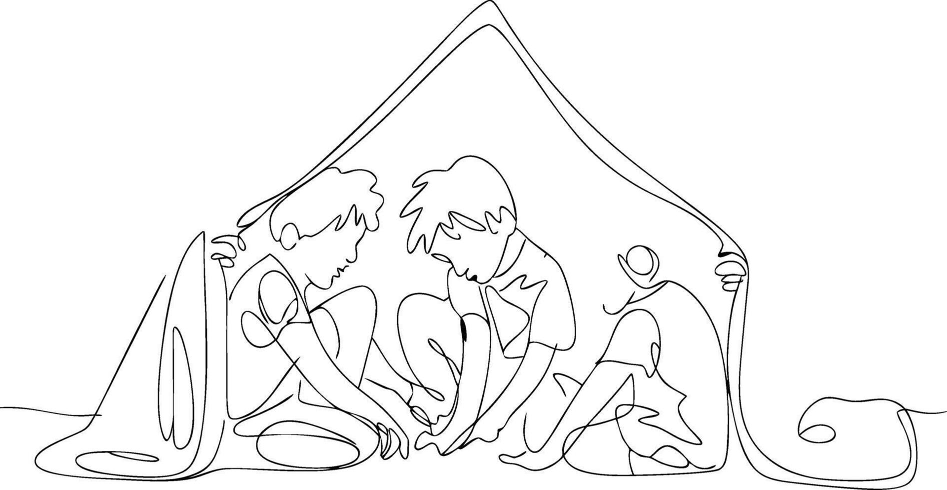 Continuous Line Drawing Children Playing Under Blanket Creativity Friendship vector