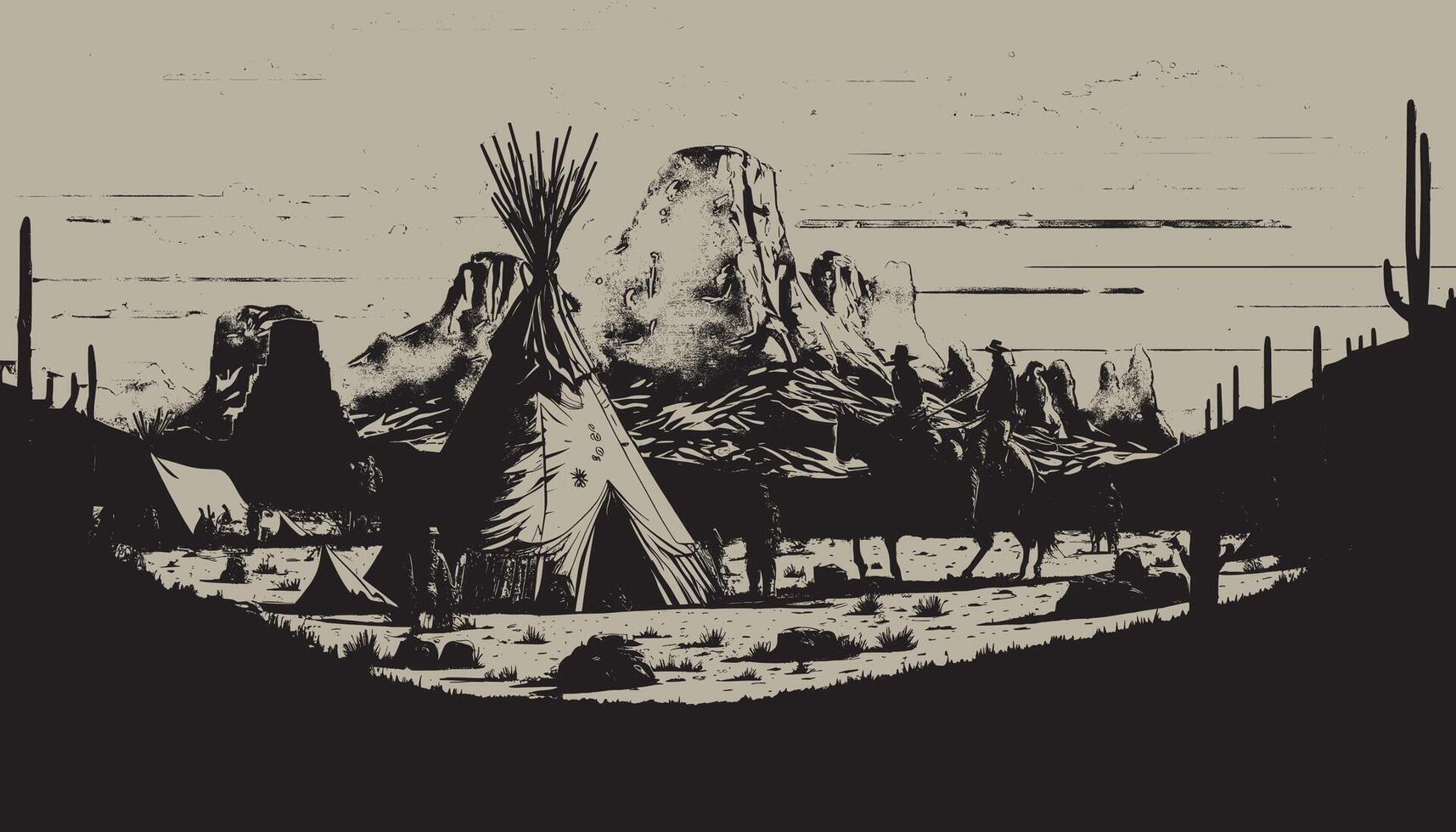 An illustration of a desert landscape with teepees and cactus vector