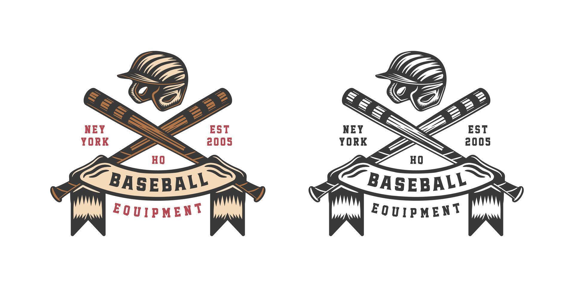 Two baseball equipment logos, one with a bat and the other with a helmet vector