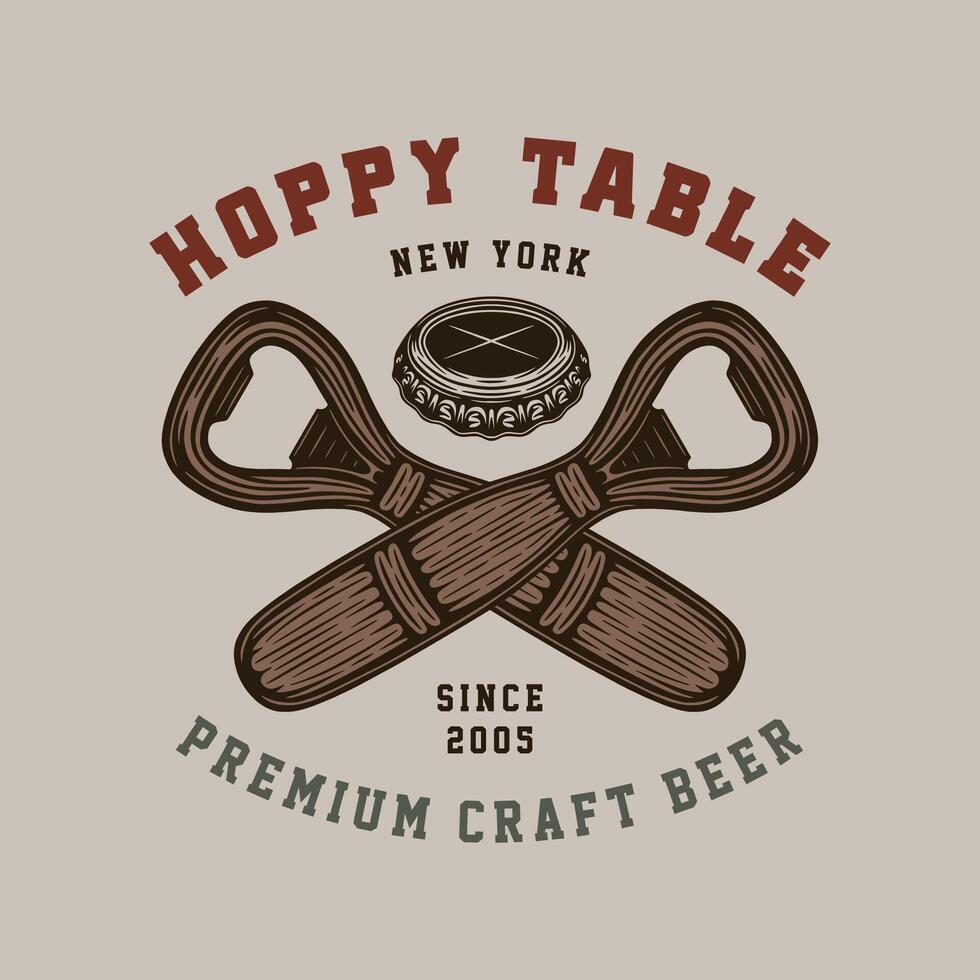 Hoppy table logo with two beer bottles and a hammer vector