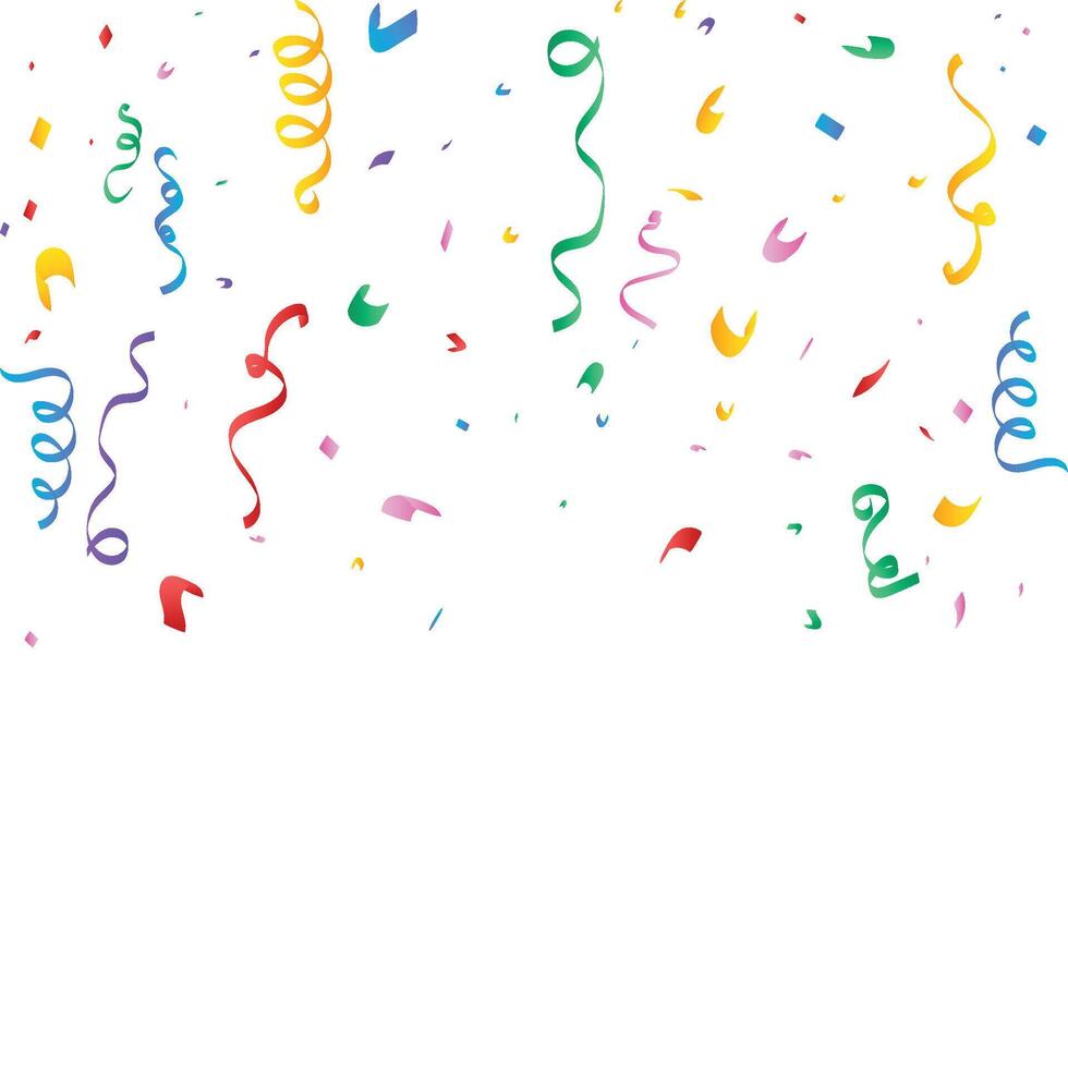 Colorful ribbons and confetti falling on a white background. Multicolor confetti and ribbons design. Confetti and ribbons for birthday, party, anniversary, and holiday. Colorful tinsel and foil vector