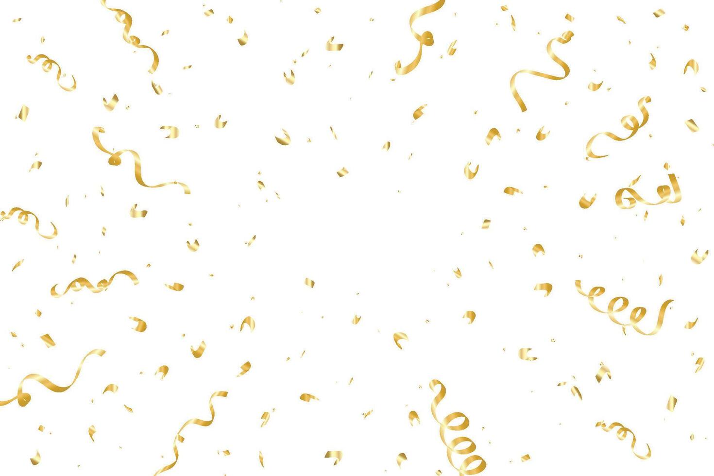 Golden ribbons and confetti explosion on a white background. Confetti and ribbons for birthday, party, anniversary, and holidays. Gold color confetti and tinsel with burst effect. vector
