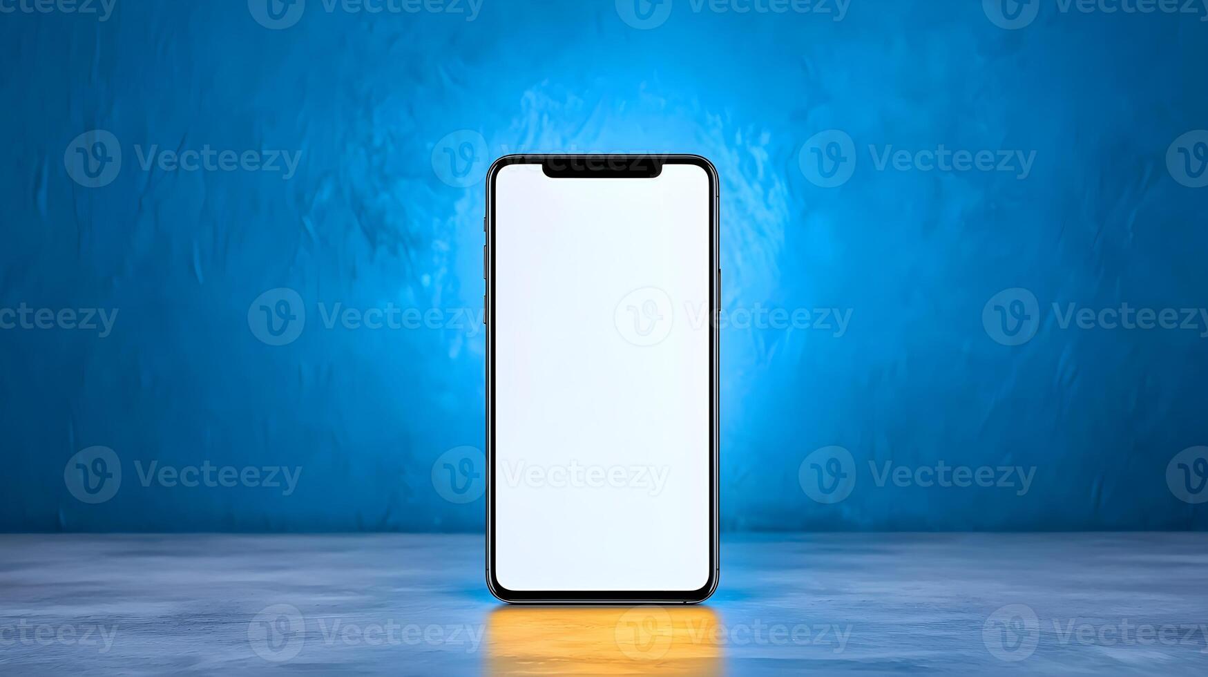 Blank Smartphone on Table with Blue Backdrop and Soft Lighting photo