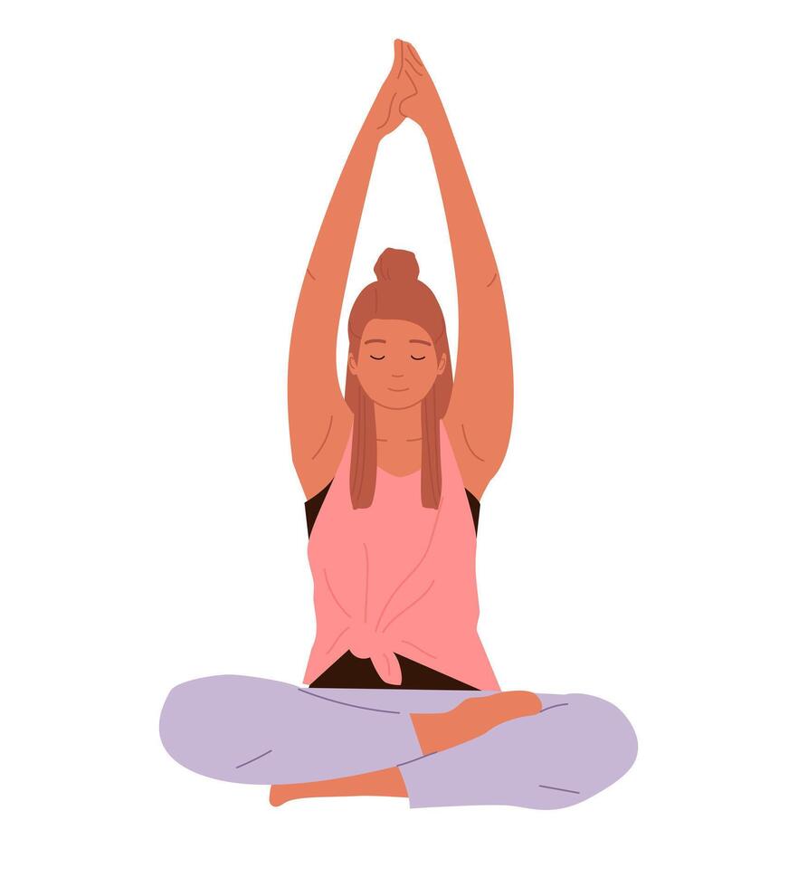 Happy woman meditating in lotus posture Flatillustration isolated on white background. Yoga zen and meditation practice. Balance, harmony and mindfulness, calmness concept. vector