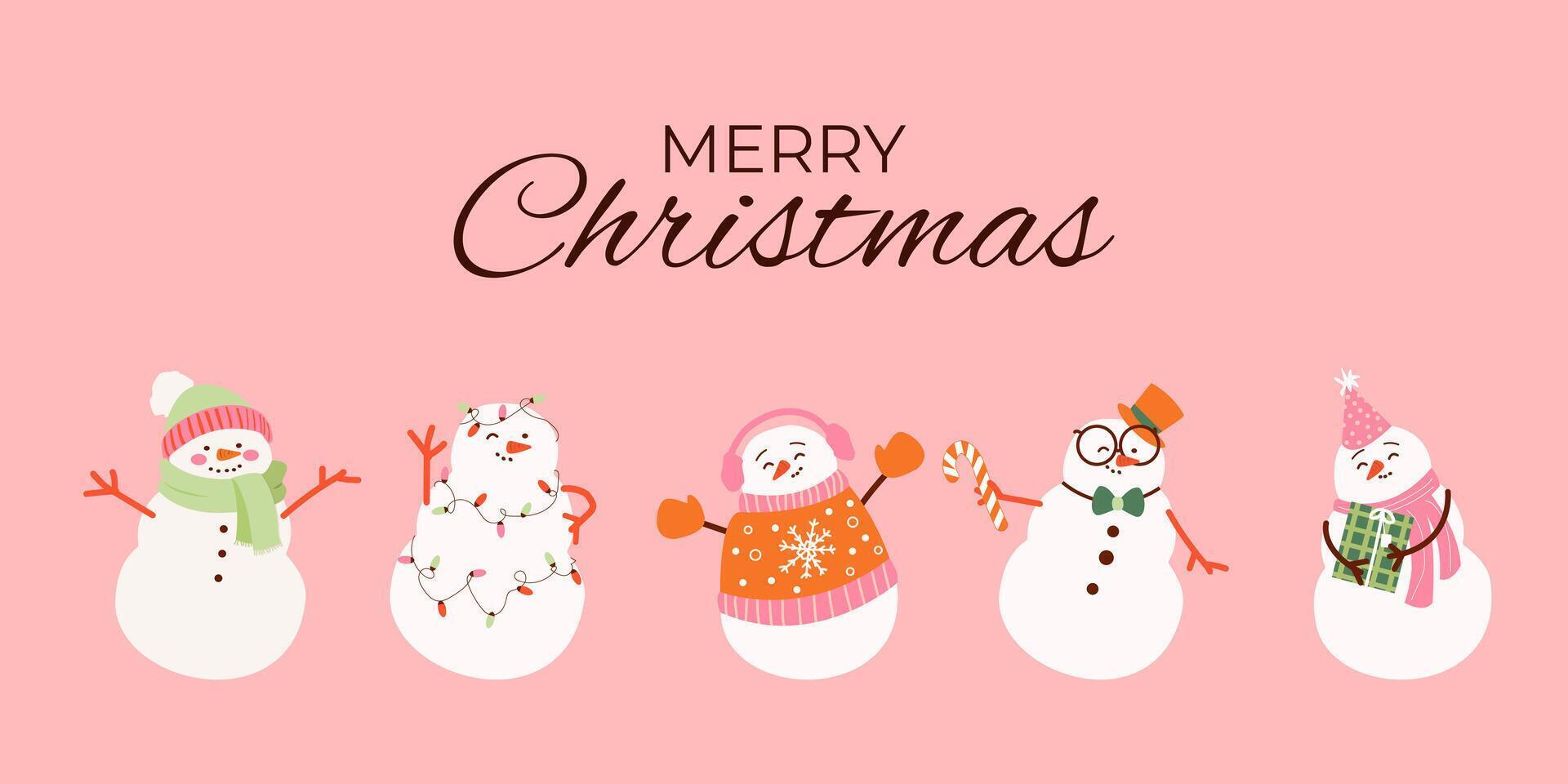 Banner with cute snowmans in in a scarf with a gift. Holiday cartoon and character in scarf and hat flat style on pink background. Print, wrapping paper, wallpaper. Merry Christmas and happy new year vector