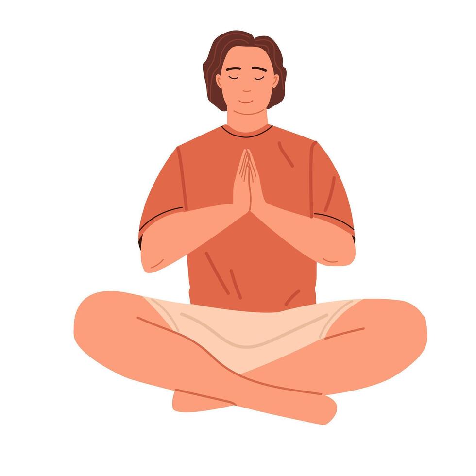 Man meditating in lotus posture Flat illustration isolated on white background. Yoga zen and meditation practice. Balance, harmony and mindfulness, calmness concept vector