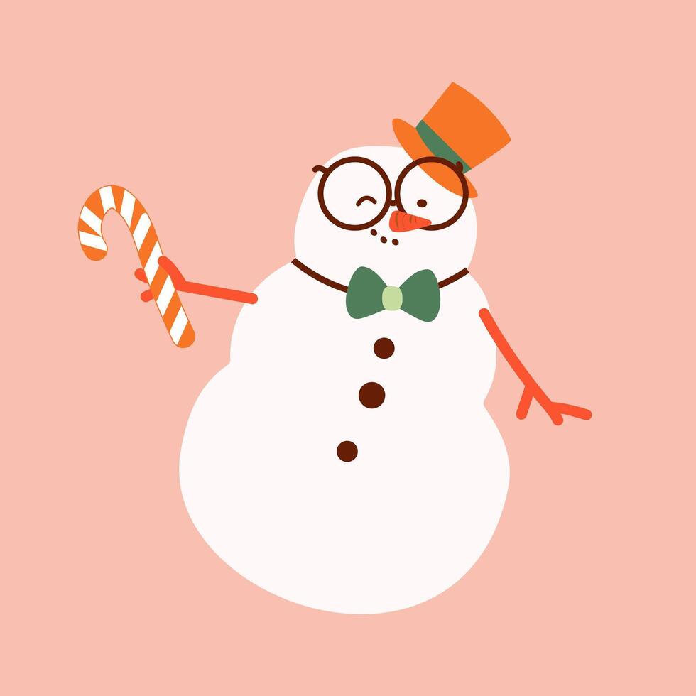 Cute snowman in bow tie with a top hat and candy cane. Holiday cartoon and character in scarf and hat flat style on pink background. Print, wrapping paper, wallpaper Merry Christmas and happy new year vector