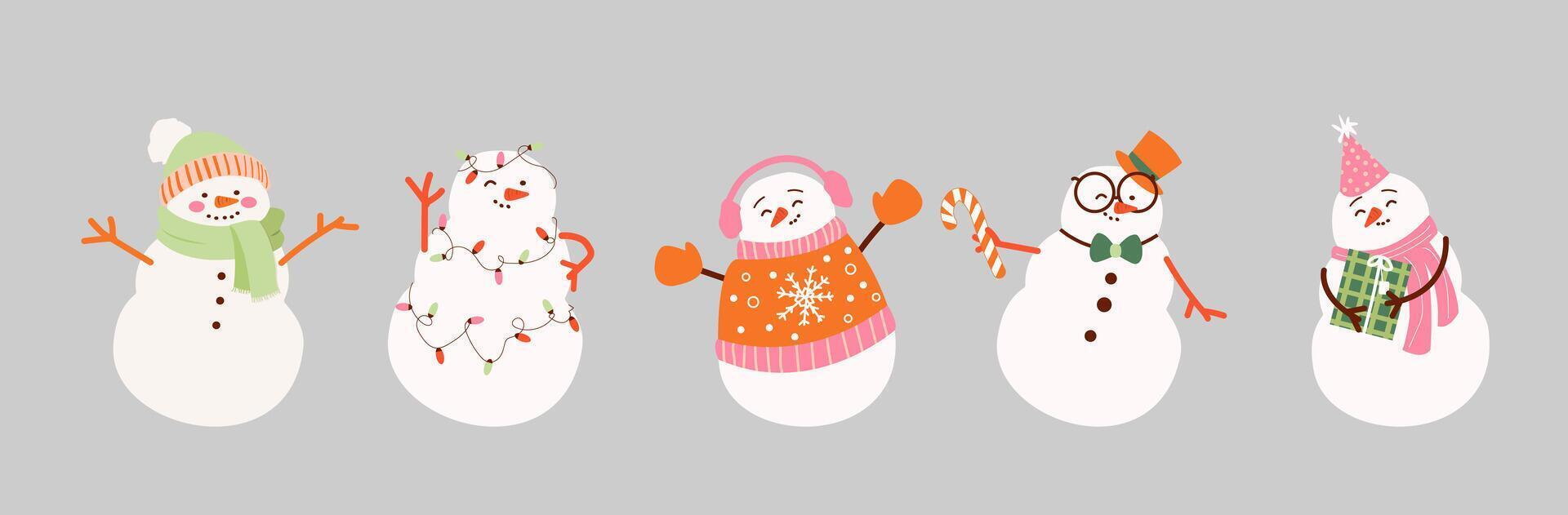 Set of cute snowmans in in a scarf with a gift. Holiday cartoon and character in scarf and hat flat style on pink background. Print, wrapping paper, wallpaper. Merry Christmas and happy new year vector