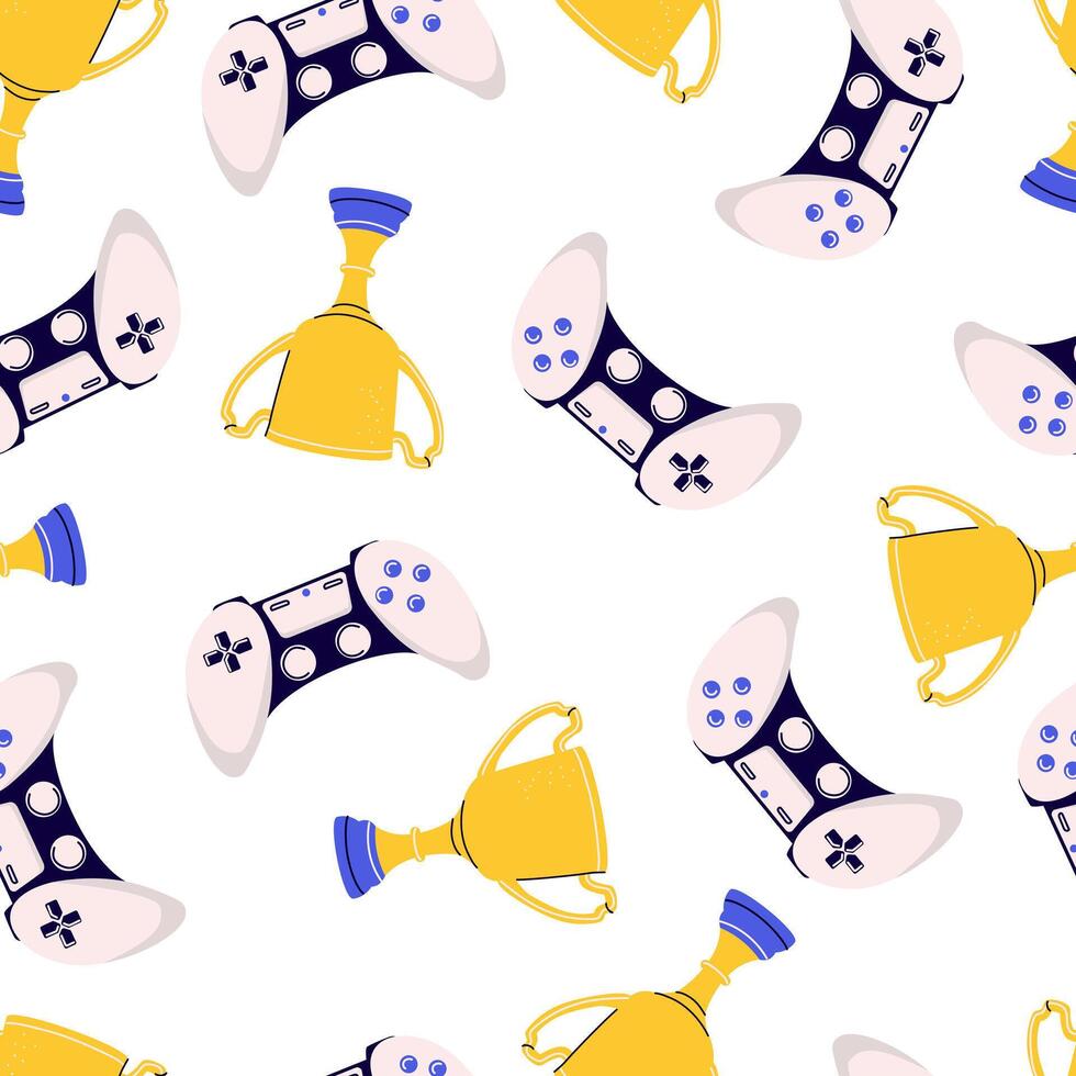 Pattern with trophy cup, and gamepad, game concept. Gold winner cup on white background. Fashion patch, badge, emblem. For web and mobile graphic design vector