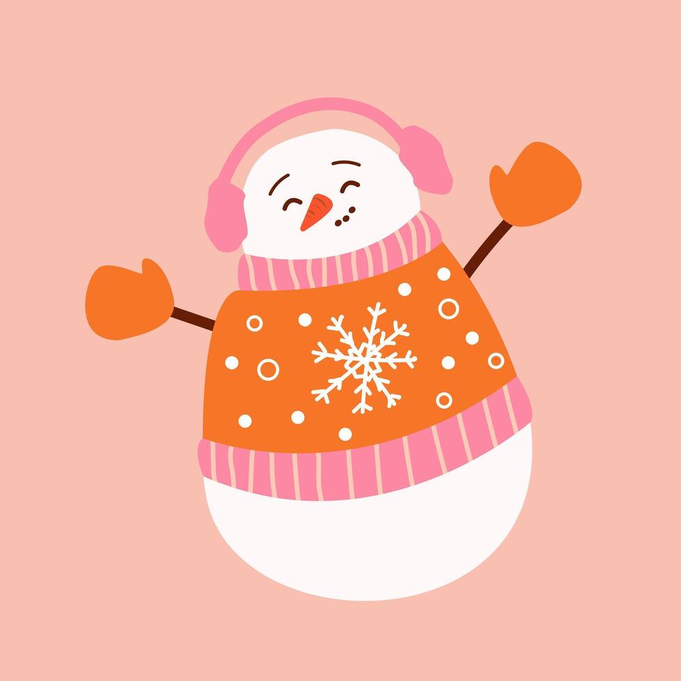 Cute snowman in in a sweater and mittens. Holiday cartoon and character in scarf and hat flat style on pink background. Print, wrapping paper, wallpaper. Merry Christmas and happy new year vector