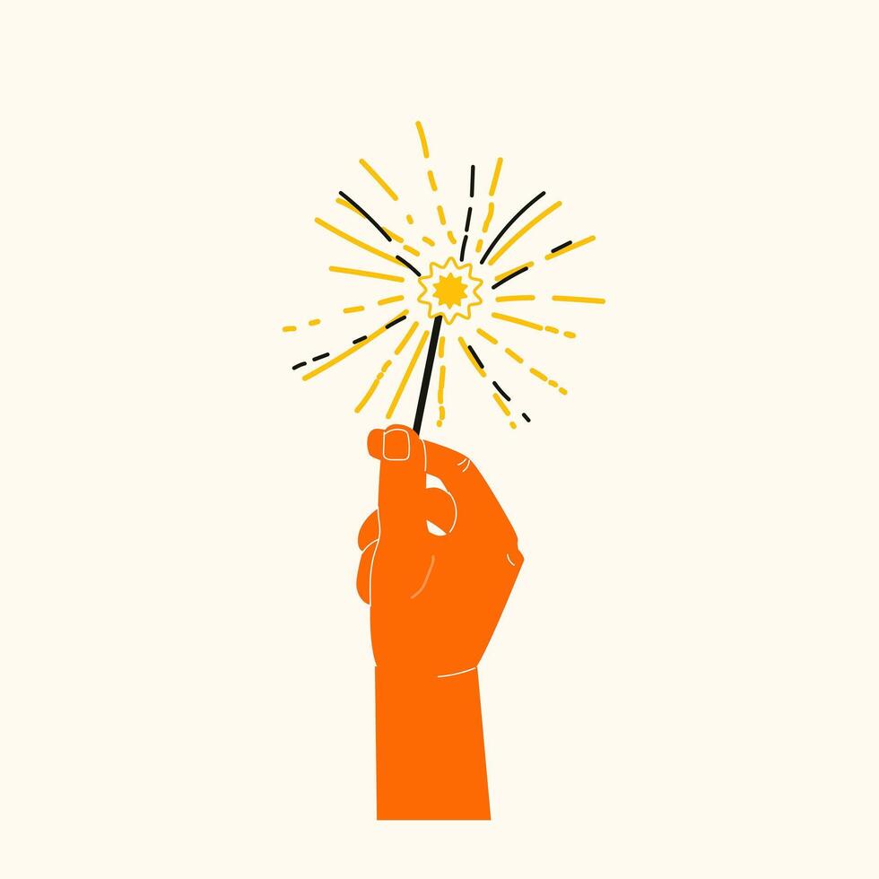 Hand holds sparkle. Celebrating event. New Year, Christmas Birthday party. Modern flat elements. Human hand holds bengal lights. Greeting card, poster, sticker, design element vector