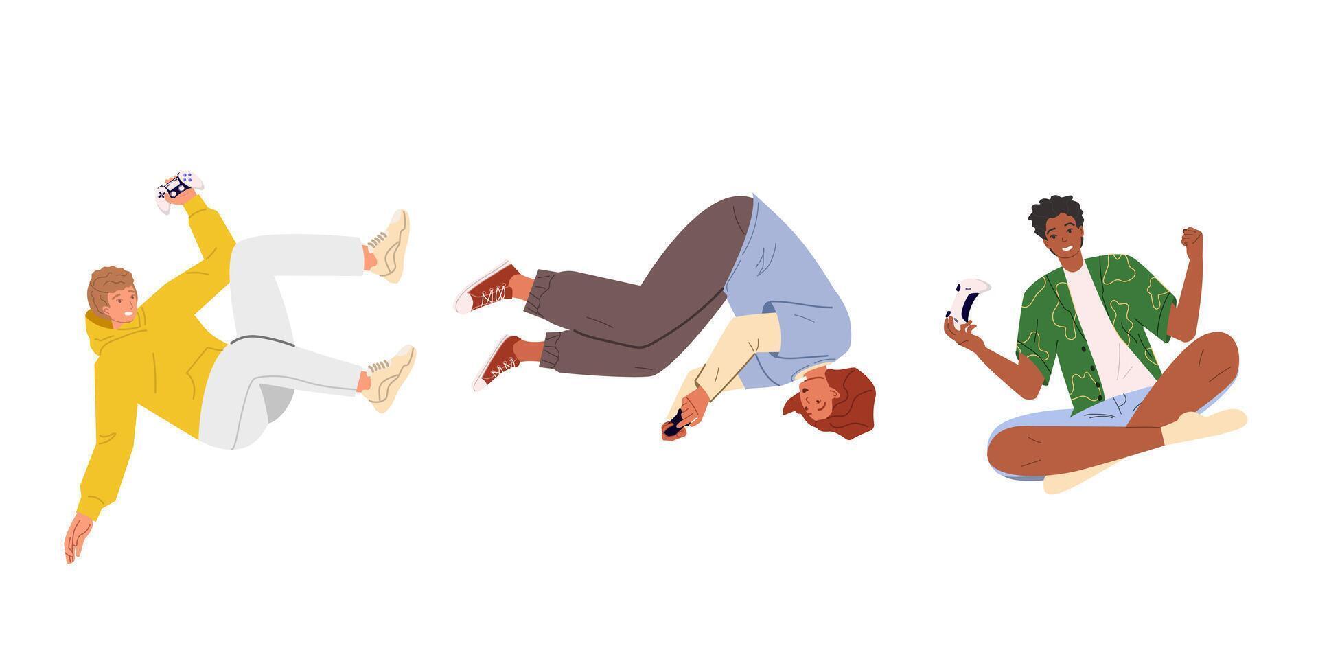 Flying people playing in game with controllers. Movement in air, falling young characters in different poses, hovering and soaring, happy guys, cartoon flat set vector
