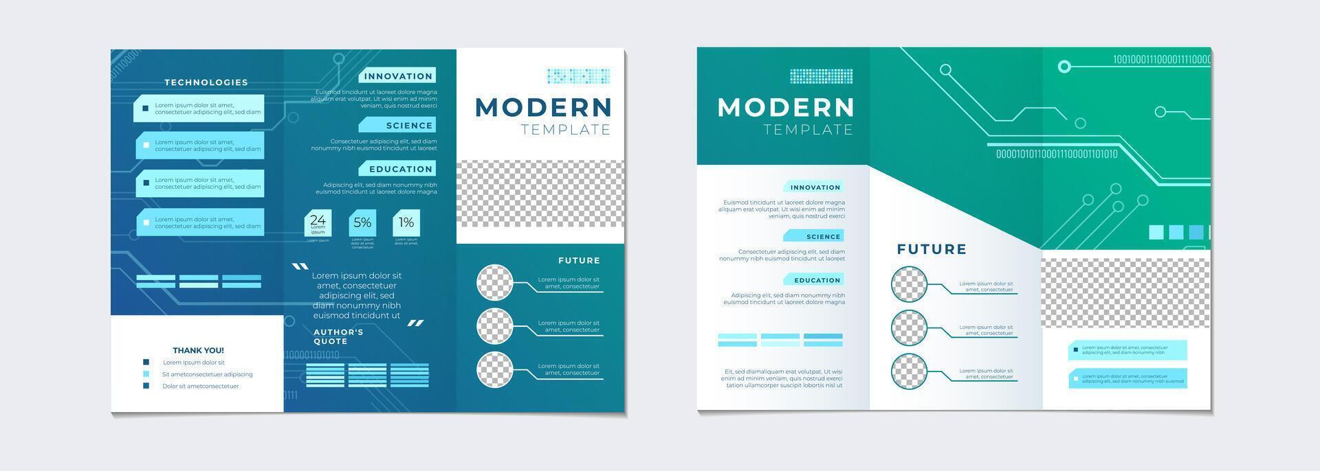 Set of abstract futuristic background for advertising brochure, flyer. Corporate trifold scientific brochure layout. Scientific cover template for presentation, banner. Modern technology design vector