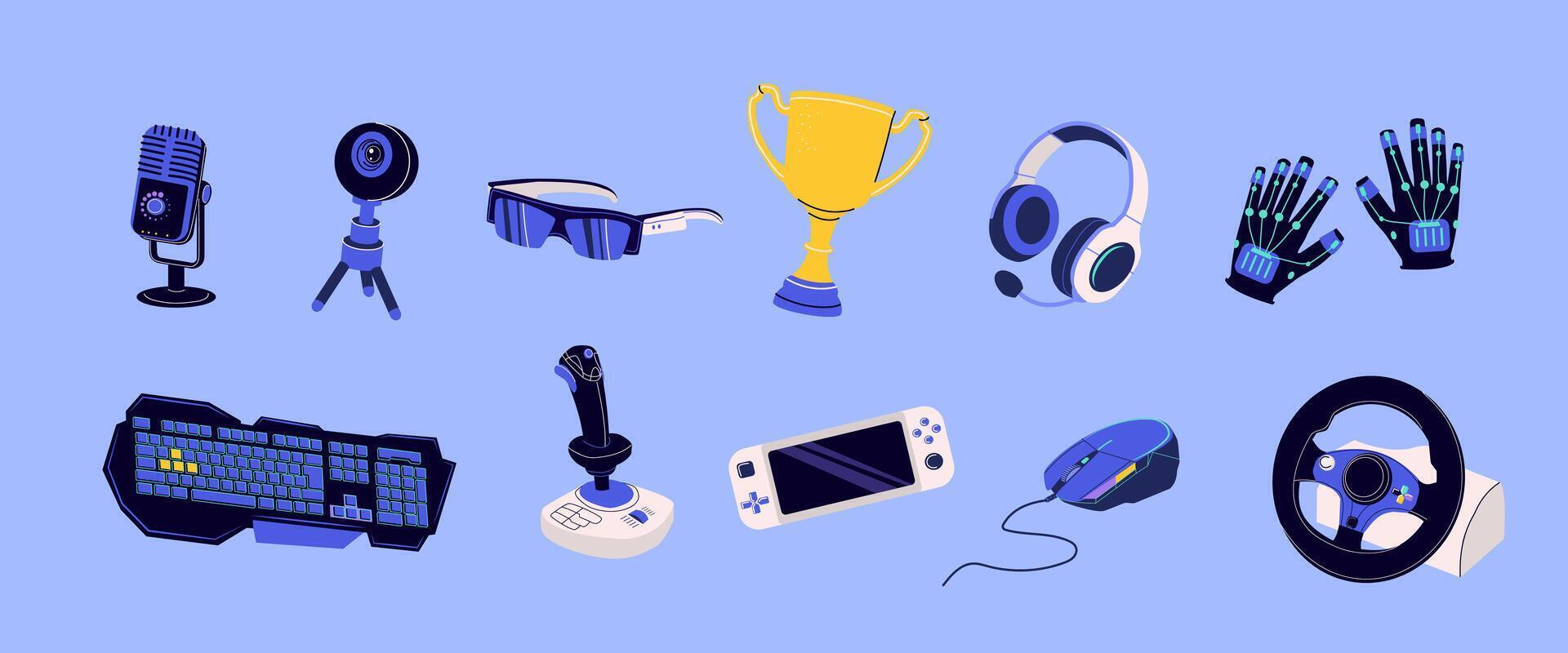 Set Of Accessories For Virtual Reality And Cyberspace Entertainment And Gaming Vr Glasses Steering Wheel Gamepad winner cup Microphone keyboard headphones Fashion emblem web and mobile graphic design vector