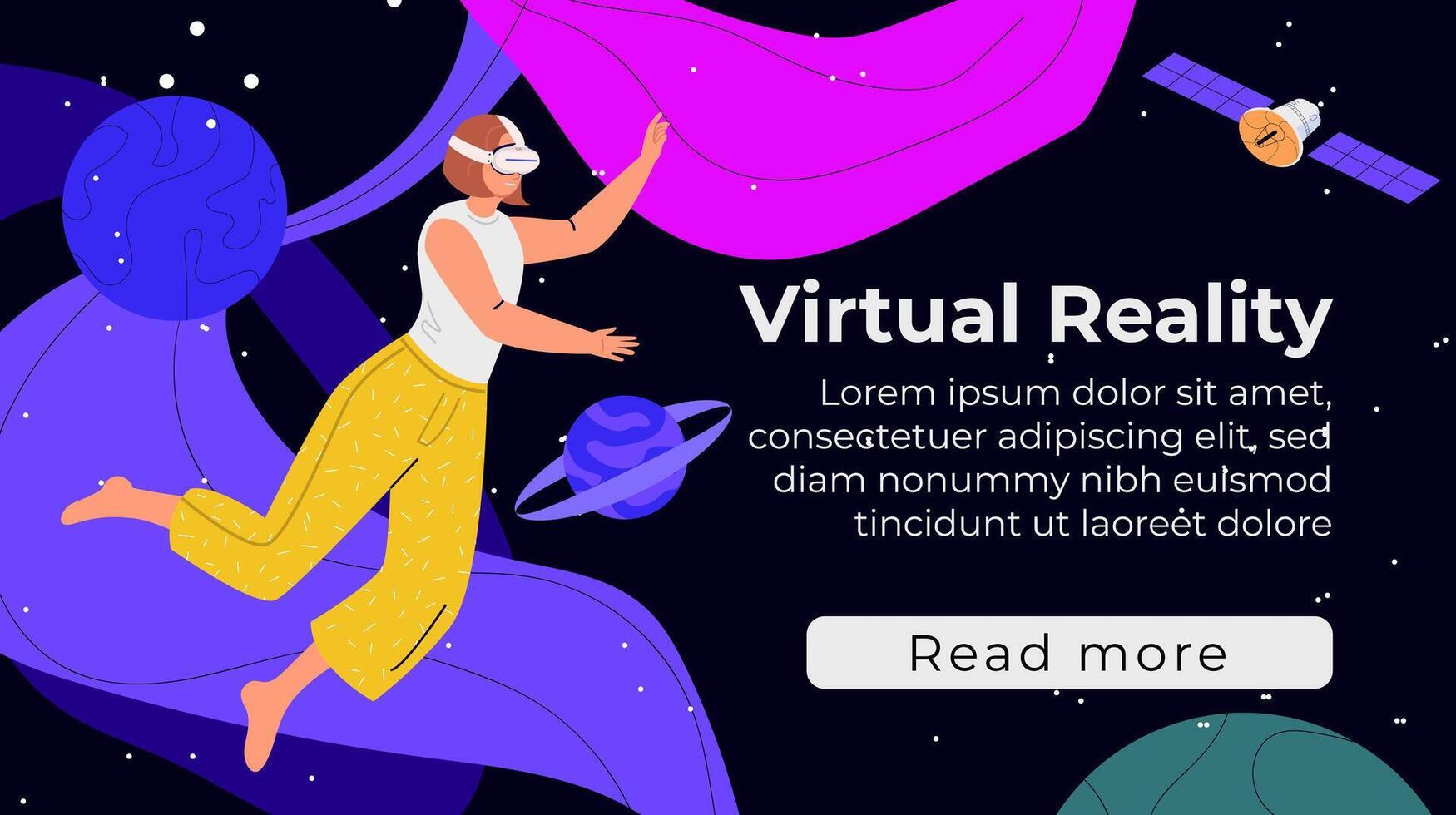 Woman flies in outer space with planets and stars in VR headset and futuristic glasses interacting and exploring a virtual world. Metaverse digital virtual reality. Concept of future innovations. vector