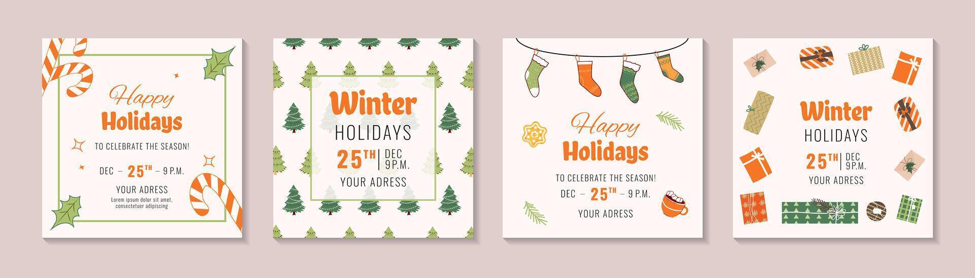 Festive Christmas square social media post set. Colorful banners with new year elements. Design with tree gift boxes, socks, candy cane. event invitation, discount voucher, advertising, greeting card vector