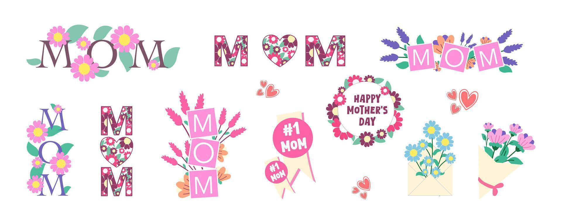Set of happy mothers day icon, clipart, and element with flowers and beautiful lettering vector