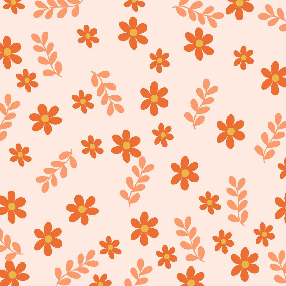 a pattern with orange flowers and leaves on a light pink background vector