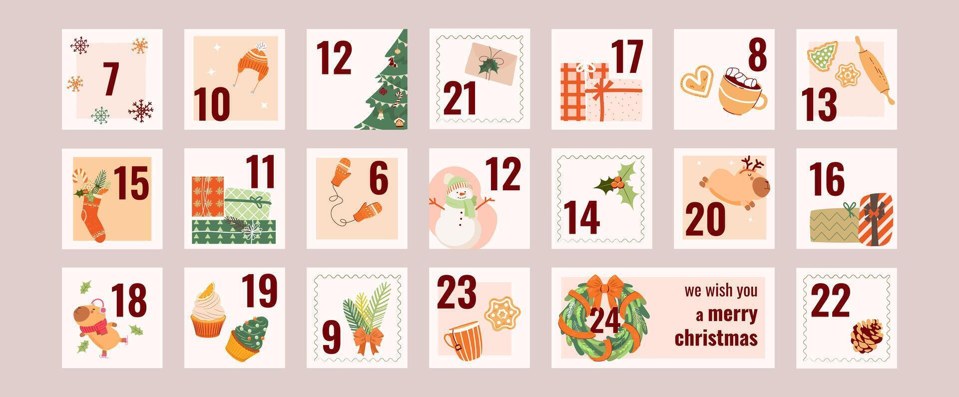 Cute advent calendar with Christmas hand drawn cartoon elements. Xmas Poster. Lovely doodle drawings. vector