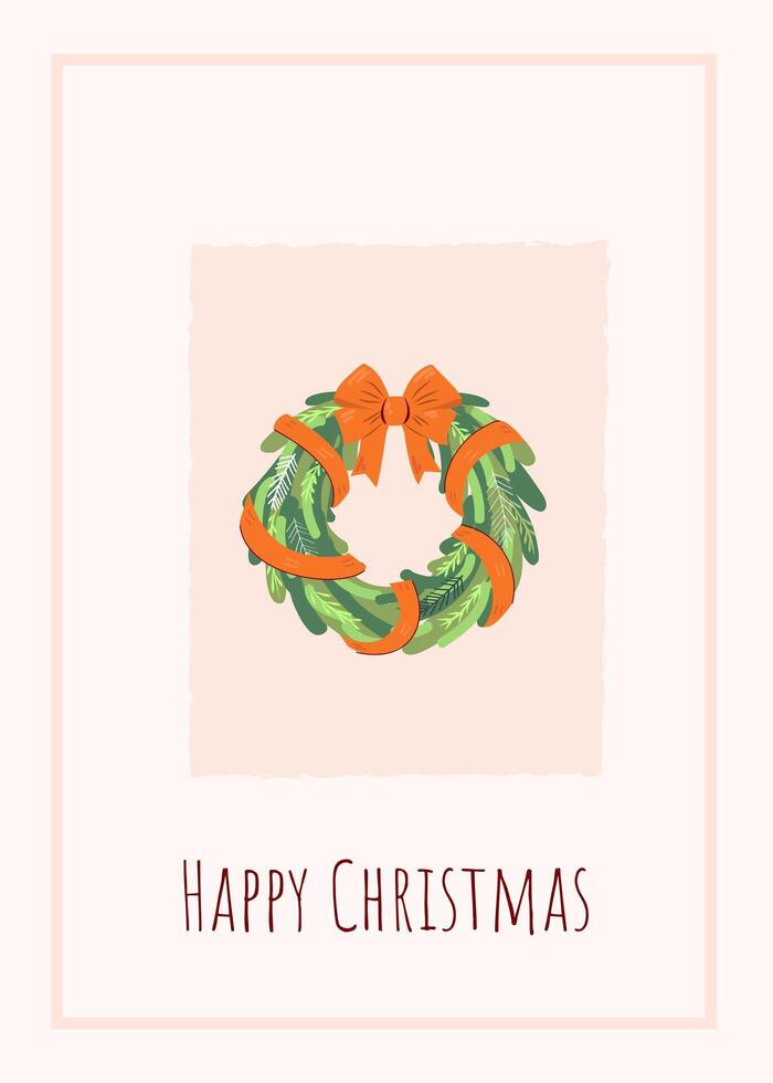 New Year greeting card with door wreath. Winter holiday design Christmas card, invitation cover calendar social media posts menu vector