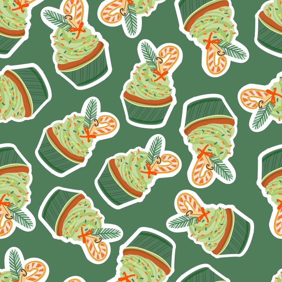 Christmas pattern with cupcake with candy cane, cinnamon. Winter holiday design for greeting card, invitation, cover, calendar, social media posts, menu, fabric, print vector
