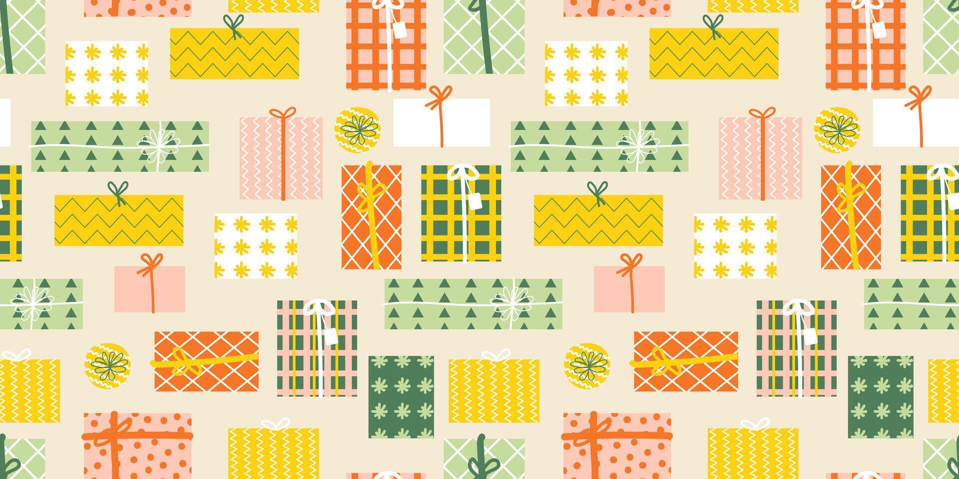 Pattern with Christmas gift boxes. Winter holiday design for greeting card, invitation, cover, calendar, social media posts, menu, fabric, print vector