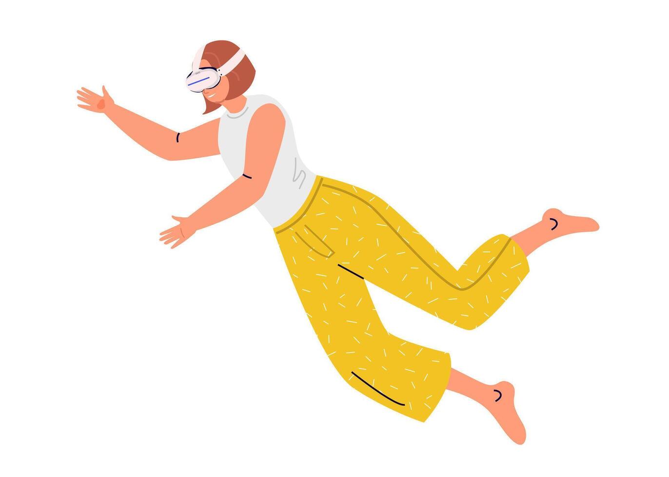 Woman wearing virtual reality glasses, immersed in a dynamic virtual world or metaverse. Future technology modern innovations. Flat illustration vector