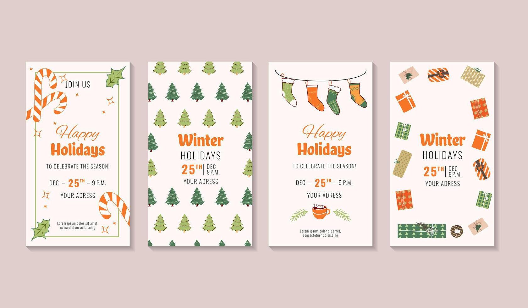 Festive Christmas social media stories set. Colorful banners with new year elements. Design with tree gift boxes, socks, candy cane. For event invitation, discount voucher, advertising, greeting card vector