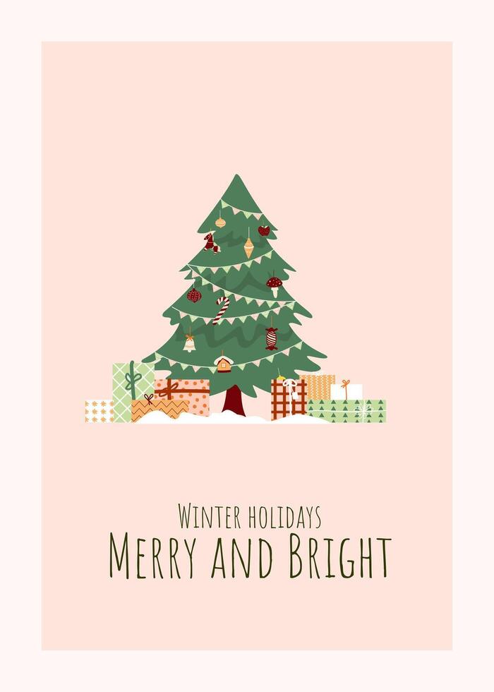 New Year greeting card with Christmas tree with retro decoration and gift boxes. Winter holiday design for greeting card, invitation cover calendar social media posts menu vector