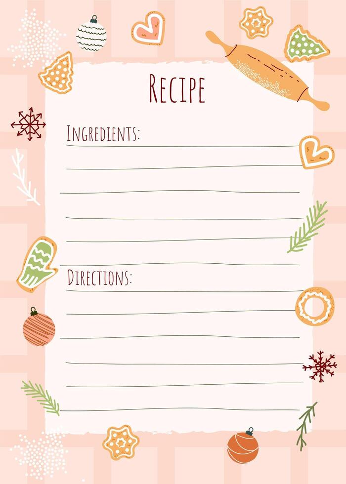 Christmas holiday baking recipe template with rolling pin, fir branches and gingerbread cookies. Copy space for ingredients and instructions. Cozy illustration. vector