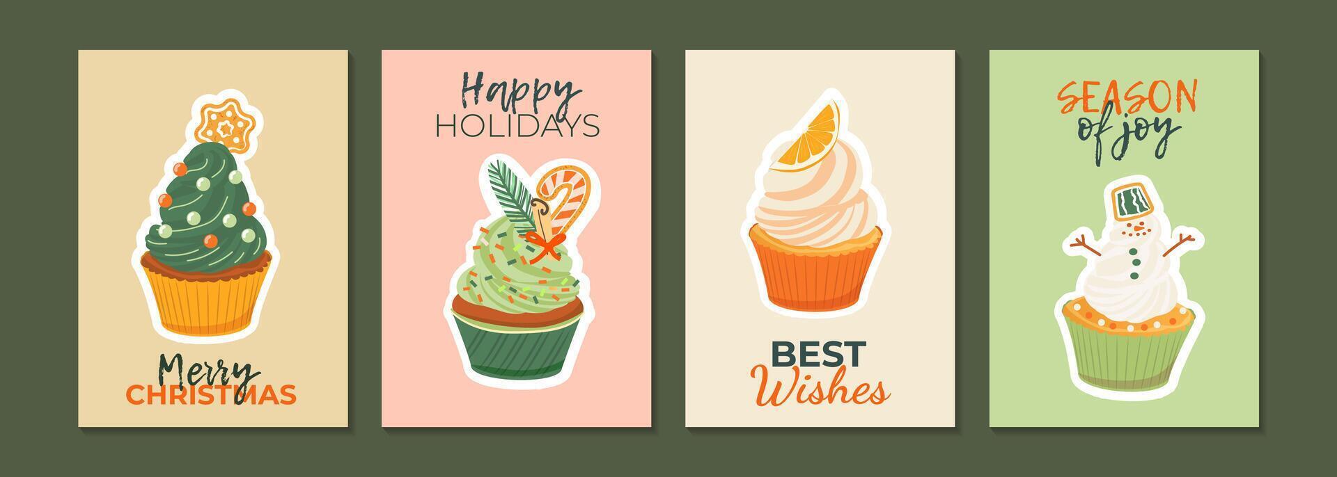 Set of Christmas New Year greeting cards with sweet cupcakes. Winter holiday design for greeting card, invitation, cover, calendar, social media posts, menu vector