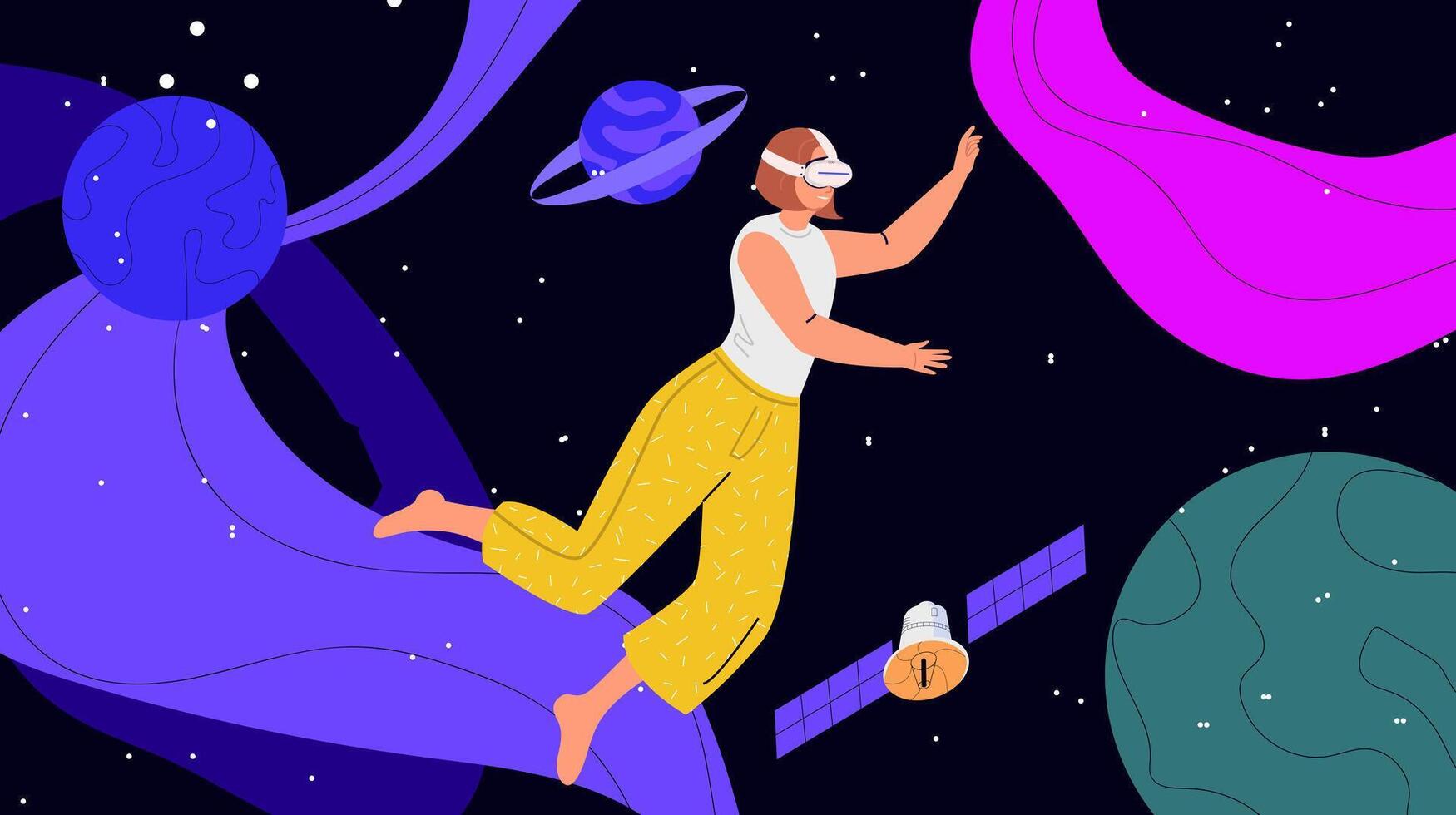 An illustration of a man flying through space vector