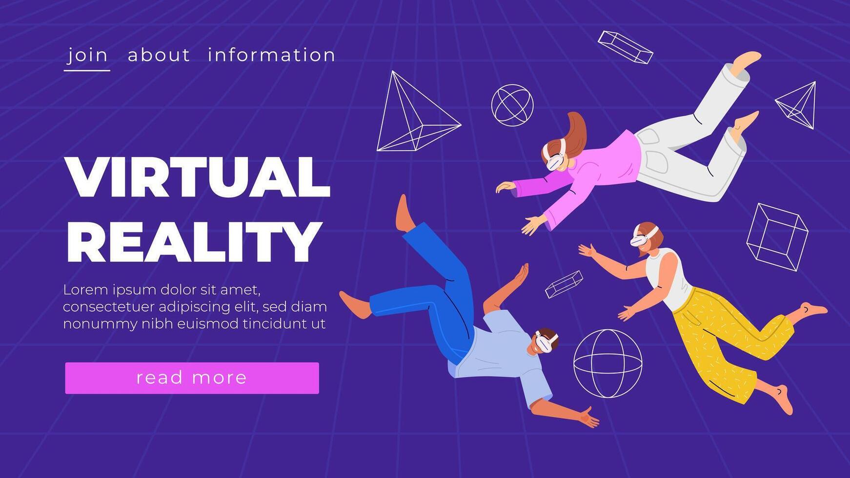 Metaverse entertainment. Flat illustration with people in virtual reality glasses and VR headsets Concept of future innovations and modern technologies Futuristic poster banner for website vector