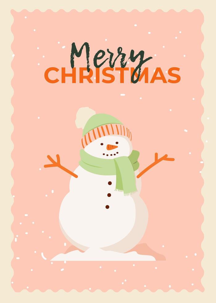 Christmas New Year greeting cards with funny snowman. Winter holiday design for greeting card, invitation, cover, calendar, social media posts, menu. vector