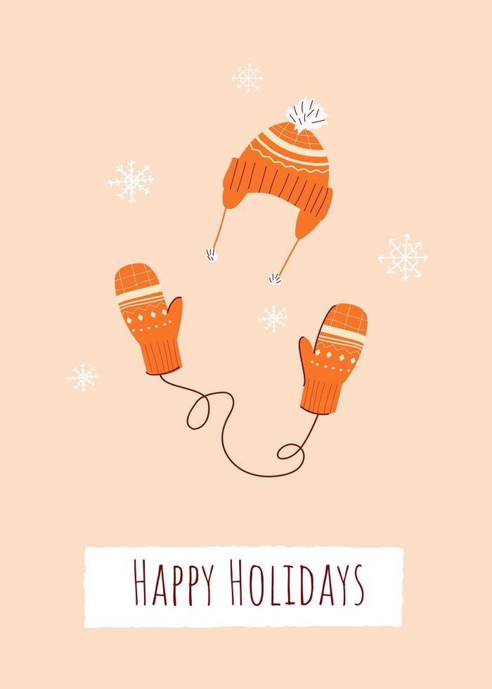 New Year greeting card with hat and mittens. Winter holiday design Christmas card, invitation cover calendar social media posts menu vector