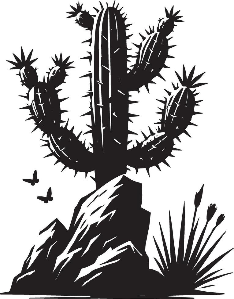 Unique big cactus silhouette illustration on clean white vector