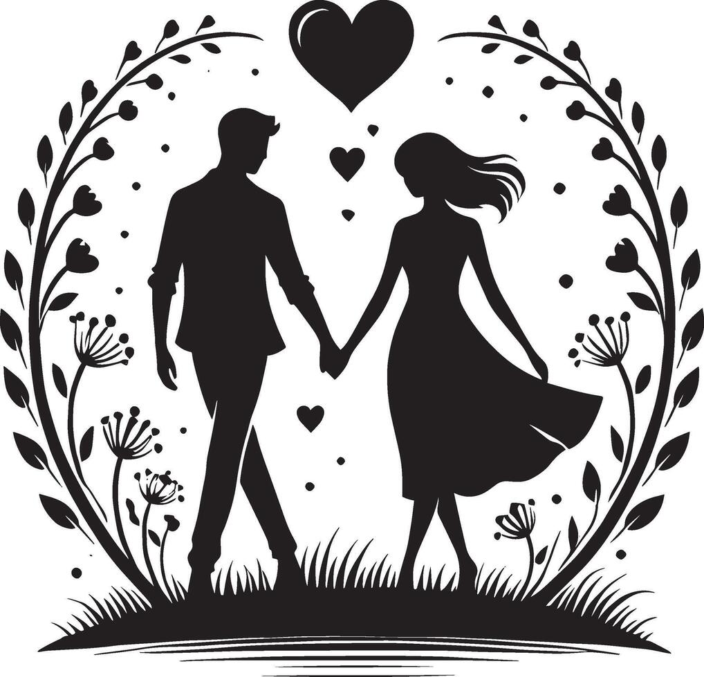 Romantic duo in an artistic silhouette pose on white background vector