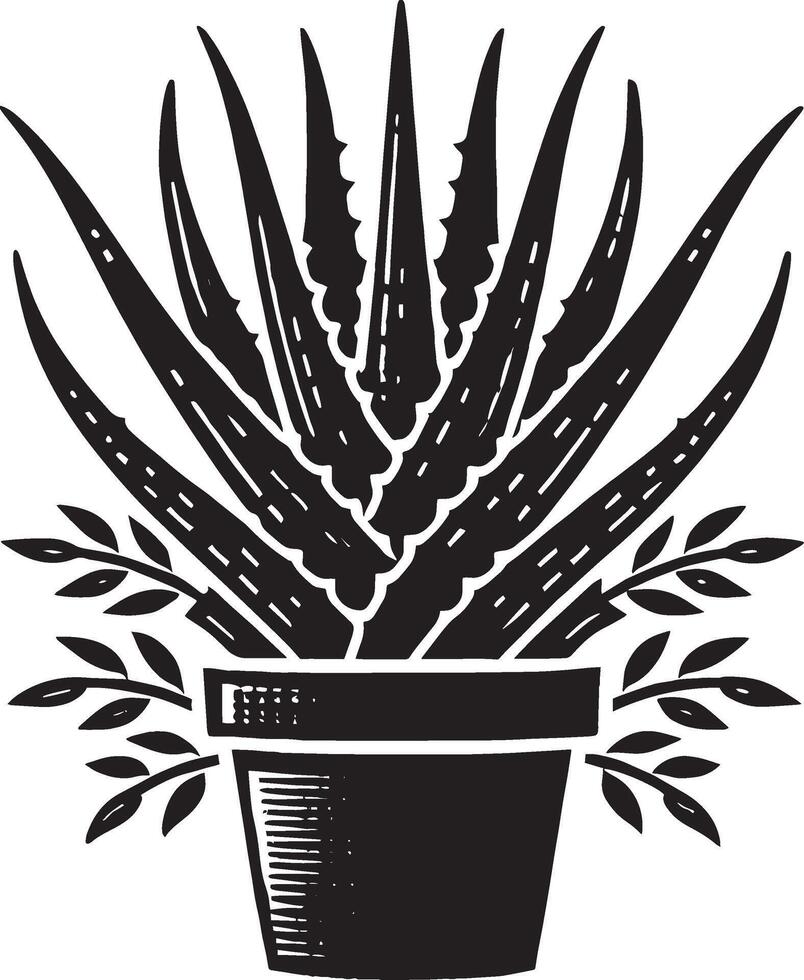 Bold and vibrant aloe vera in decorative pot silhouette on white vector