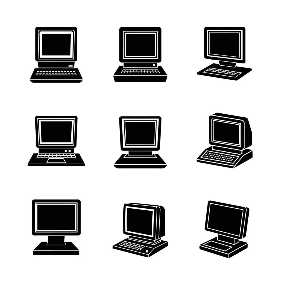 Sleek electronic device illustrations in silhouette and line art styles. vector
