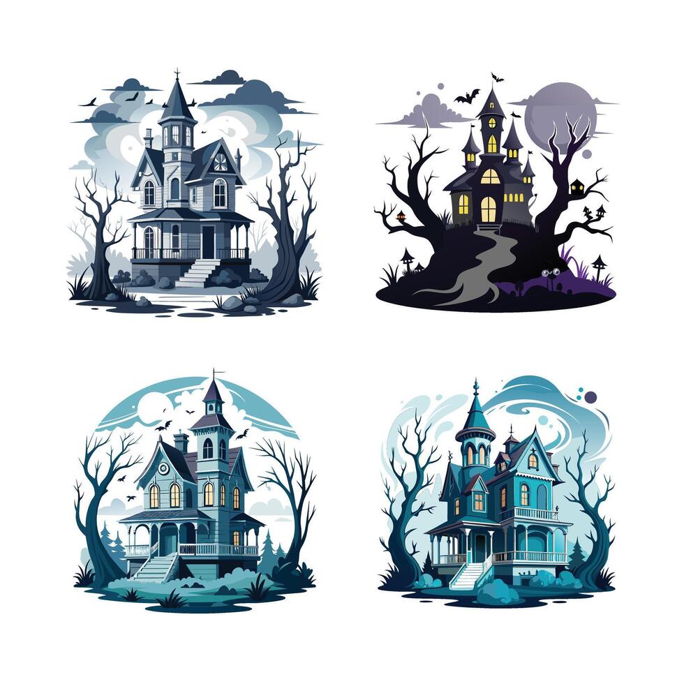 Scary Halloween Day illustration featuring pumpkins, witches, and bats. Perfect for DIY decorations, invitations, or digital products. vector