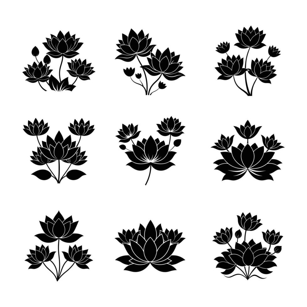 Download this flower illustration set, including silhouettes and line art. Perfect for logos and crafts. vector