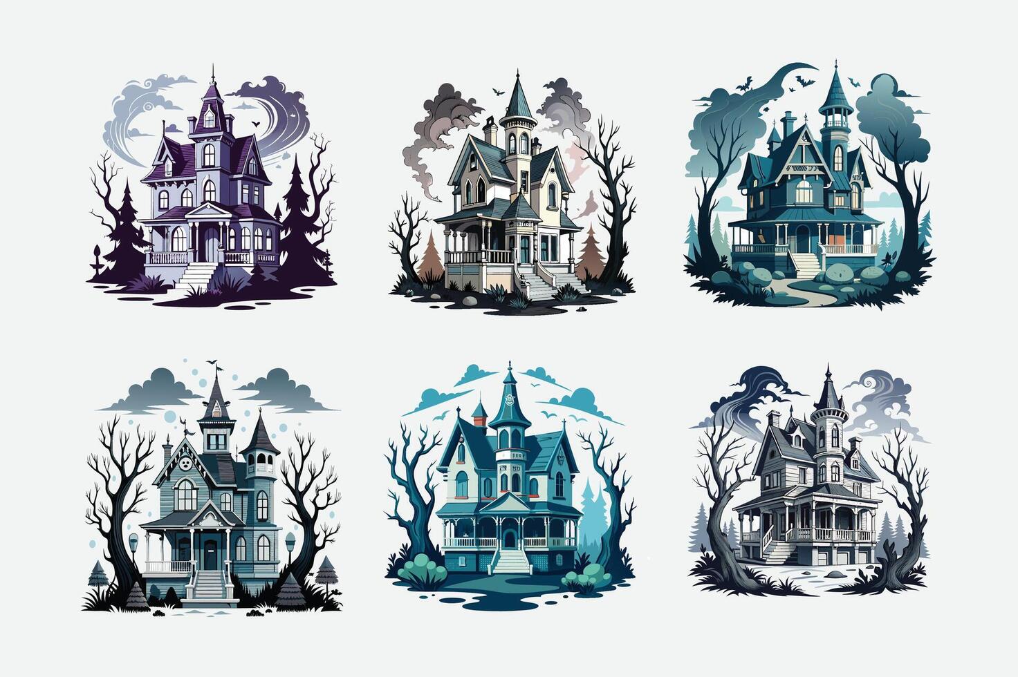 High-quality Halloween cartoon clipart with ghosts, haunted houses, and spooky designs for your creative projects or merchandise. vector