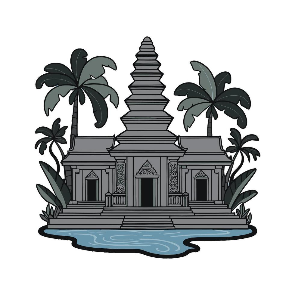 a temple with palm trees and water vector