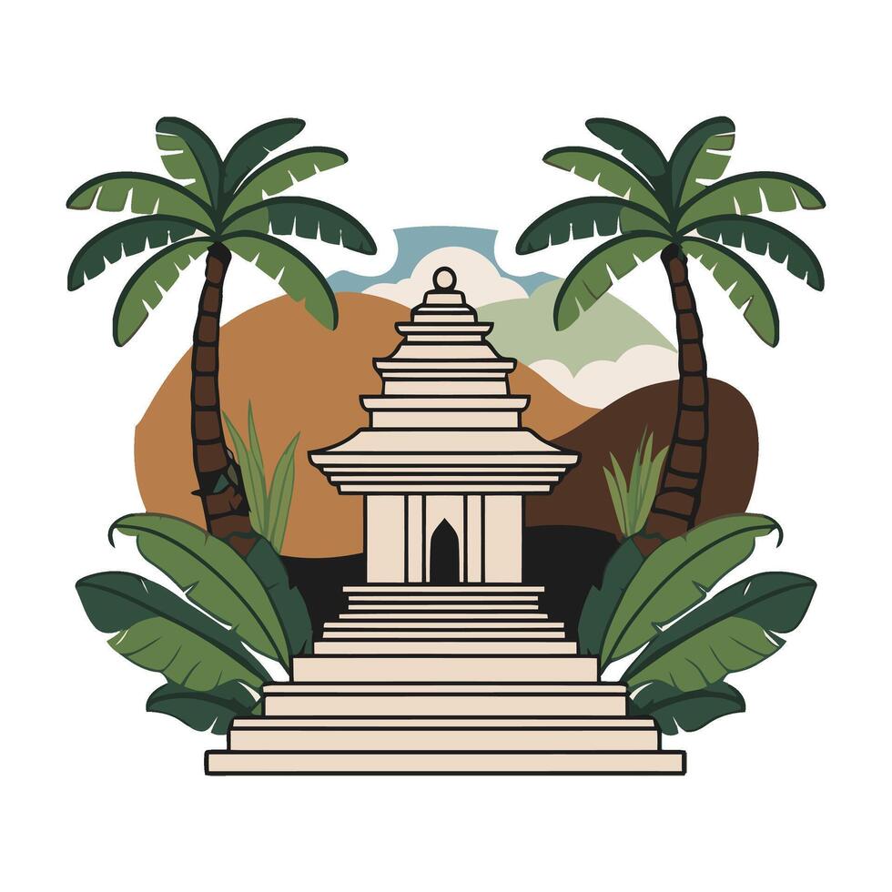 An illustration of a temple with palm trees and a mountain vector