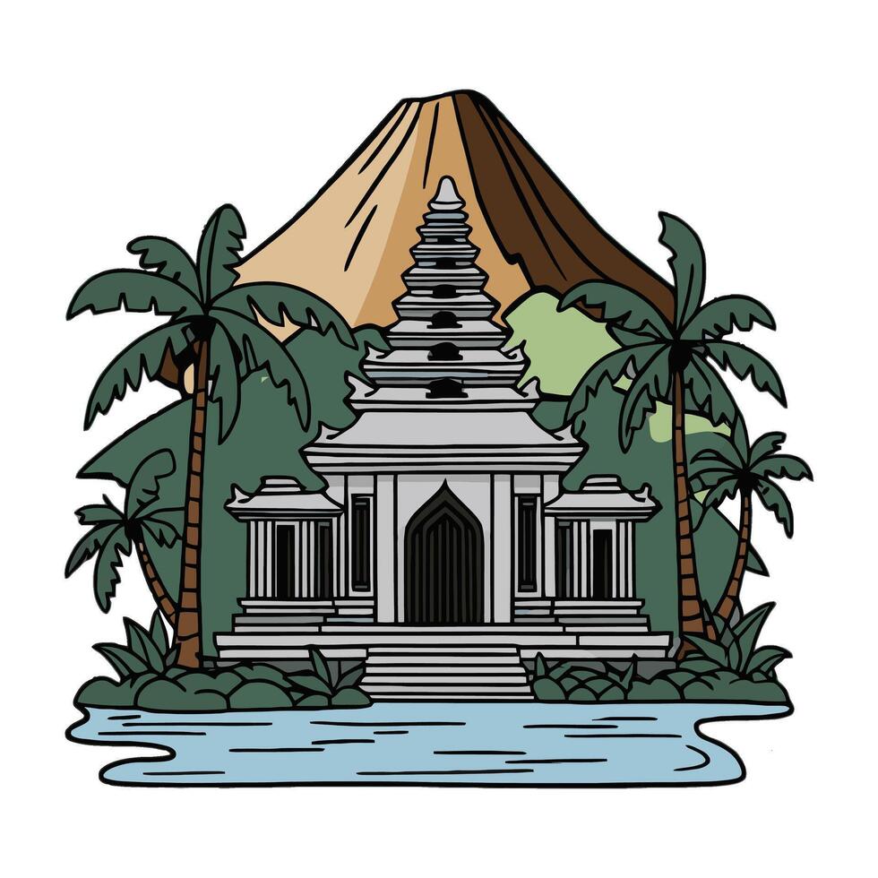 An image of a temple with palm trees and a mountain vector